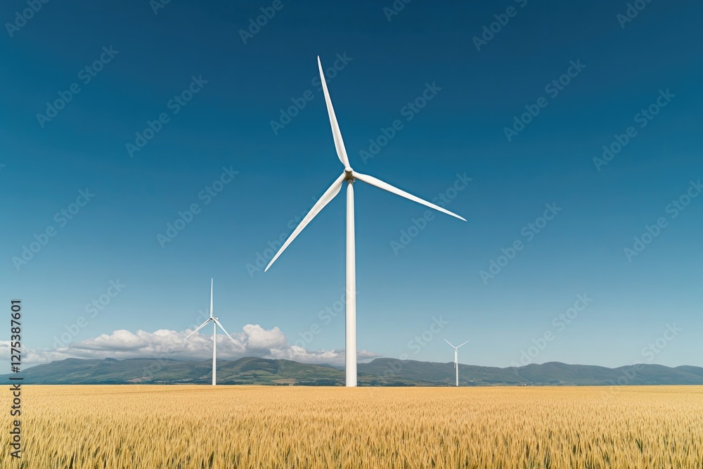 Wind turbines stand tall in golden fields under clear blue sky, Wind turbines stand tall in golden fields under clear blue sky,