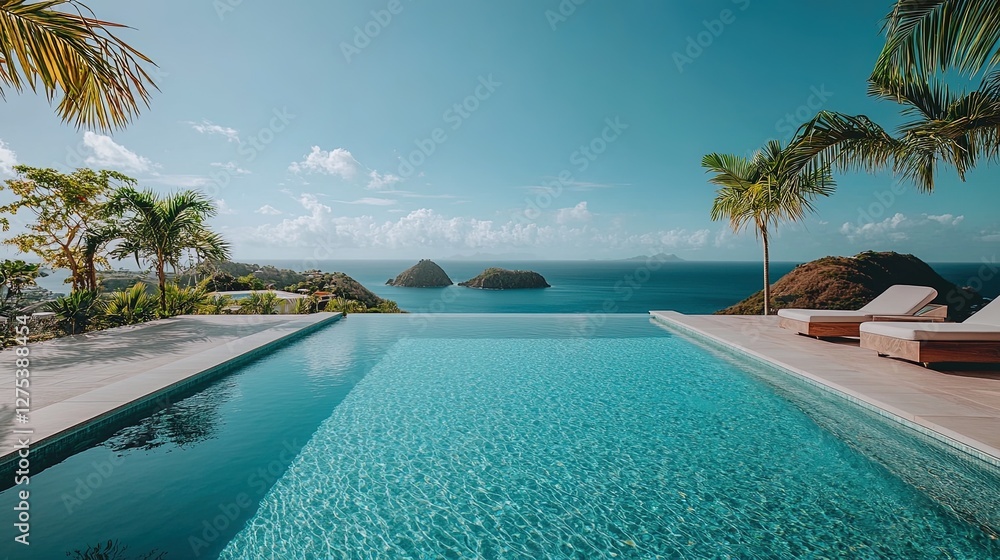 Fototapeta premium Luxury resort pool with a view of the ocean, calm and elegant