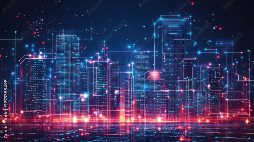 Fototapeta premium Futuristic city skyline with digital connections at night