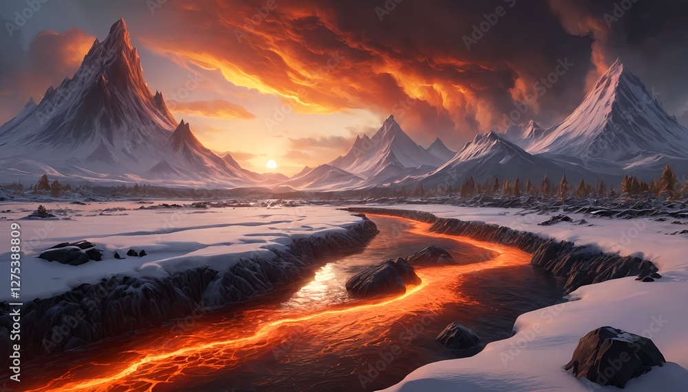 Fototapeta premium Fiery River Through Snowy Mountains at Sunset