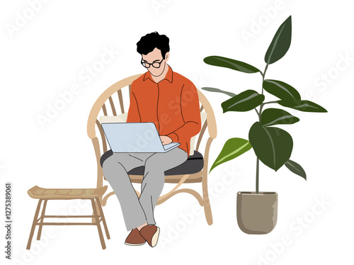Businessman working at laptop online in internet, sitting in rattan armchair in patio, terrace, garden lounge zone. Young man, freelancer at notebook computer. Remote worker. Flat vector illustration.