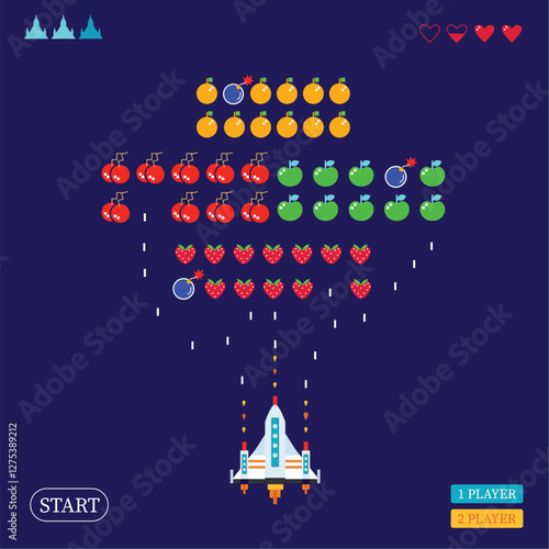 Colorful Space Arcade in  retro video game style. Poster with vintage computer game screen, vector illustration.
