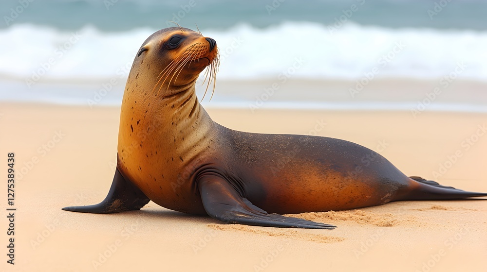 Fototapeta premium Sea Lion Relaxing on Sandy Beach with Gentle Ocean Waves