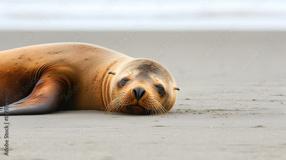 Fototapeta premium Calm Sea Lion Relaxing on Sandy Beach Under Soft Natural Light