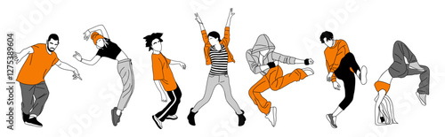 Set of teenager dancers hip hop, breakdance outline vector drawing isolated, transparent background. Young cool girl and boy dancing street dance colored sketch. Korean japanese asian thin line style.