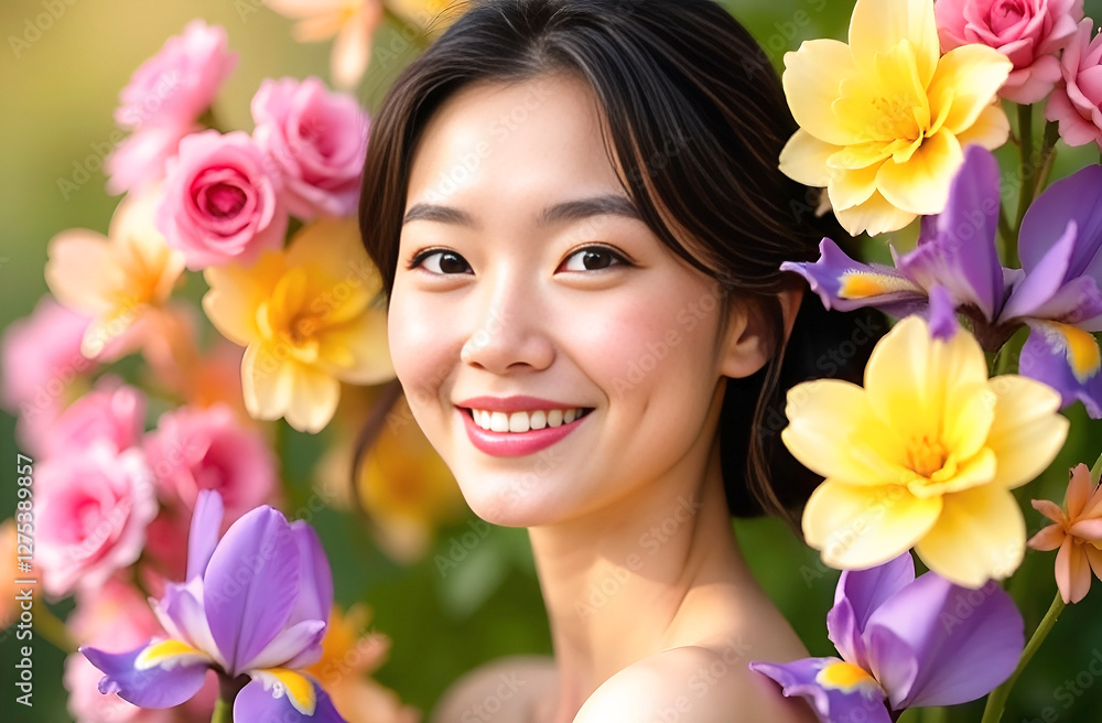 Portrait of a young Asian beautiful woman surrounded by flowers, suitable for use in the beauty industry and in advertising natural eco-friendly cosmetic brands, body skin care products Portrait of a young Asian beautiful woman surrounded by flowers, suitable for use in the beauty industry and in advertising natural eco-friendly cosmetic brands, body skin care products