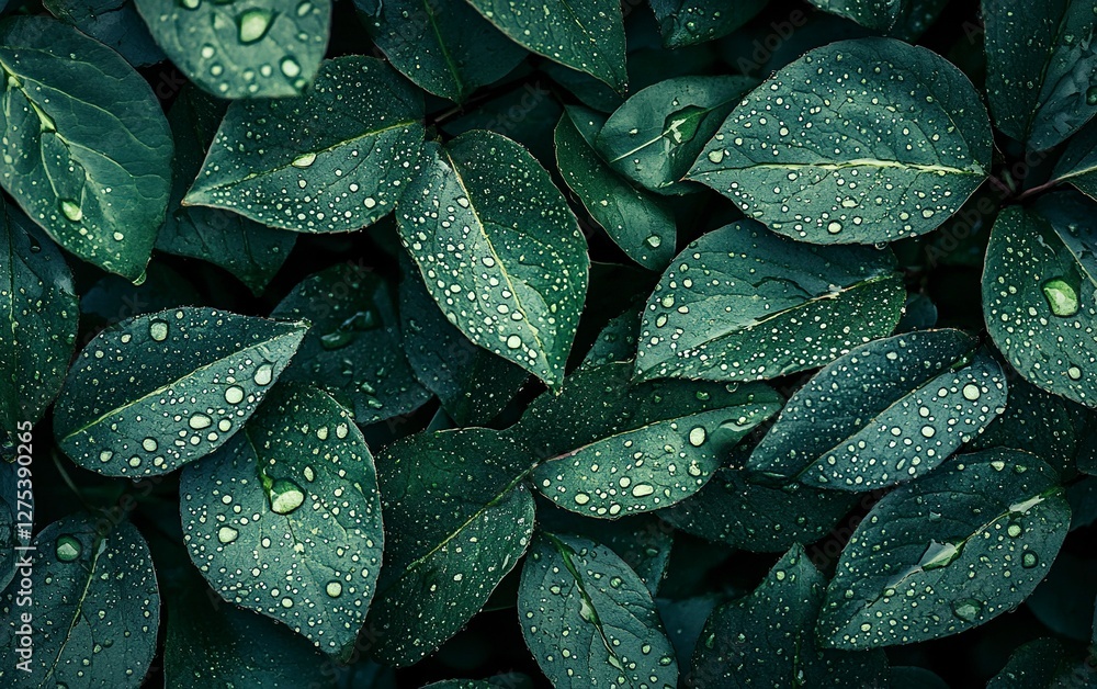 Fototapeta premium Abstract dark green leaves texture background with water drops, close-up view. Nature concept. Flat lay style. Stock photo with 2/3 space for text placement. 