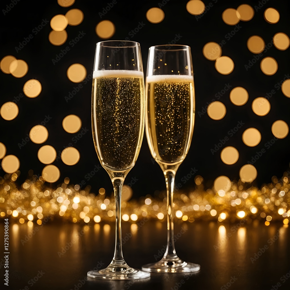 Two Champagne Flutes with Sparkling Wine against Bokeh Lights Two Champagne Flutes with Sparkling Wine against Bokeh Lights