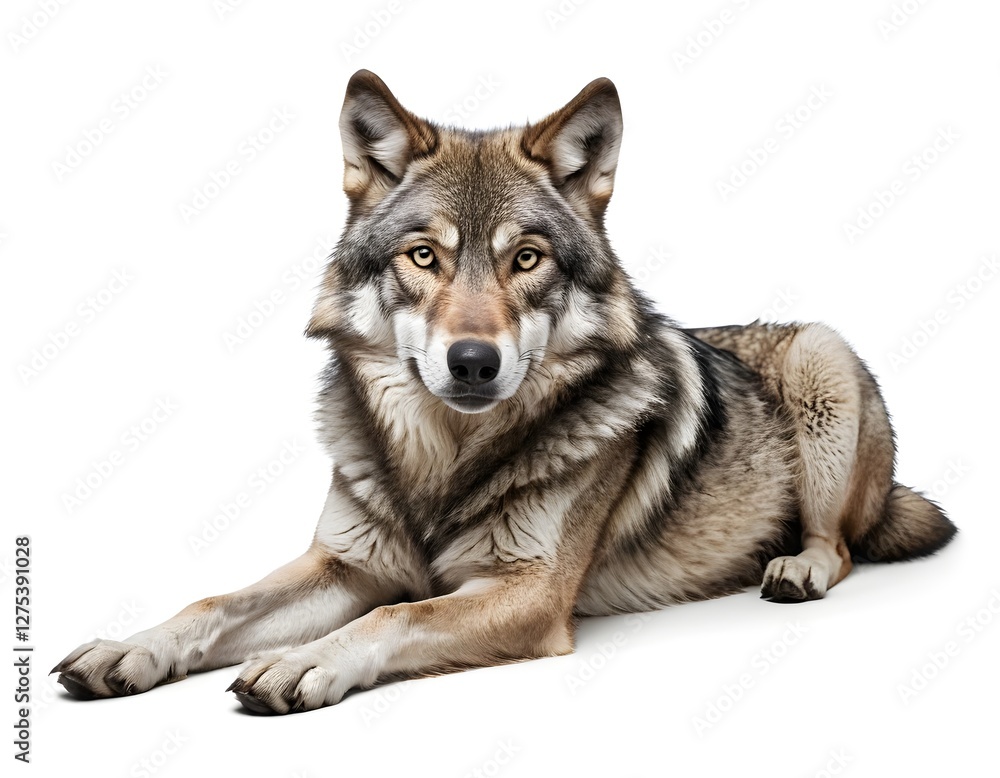 Majestic Gray Wolf Lying Down, Isolated on White Majestic Gray Wolf Lying Down, Isolated on White