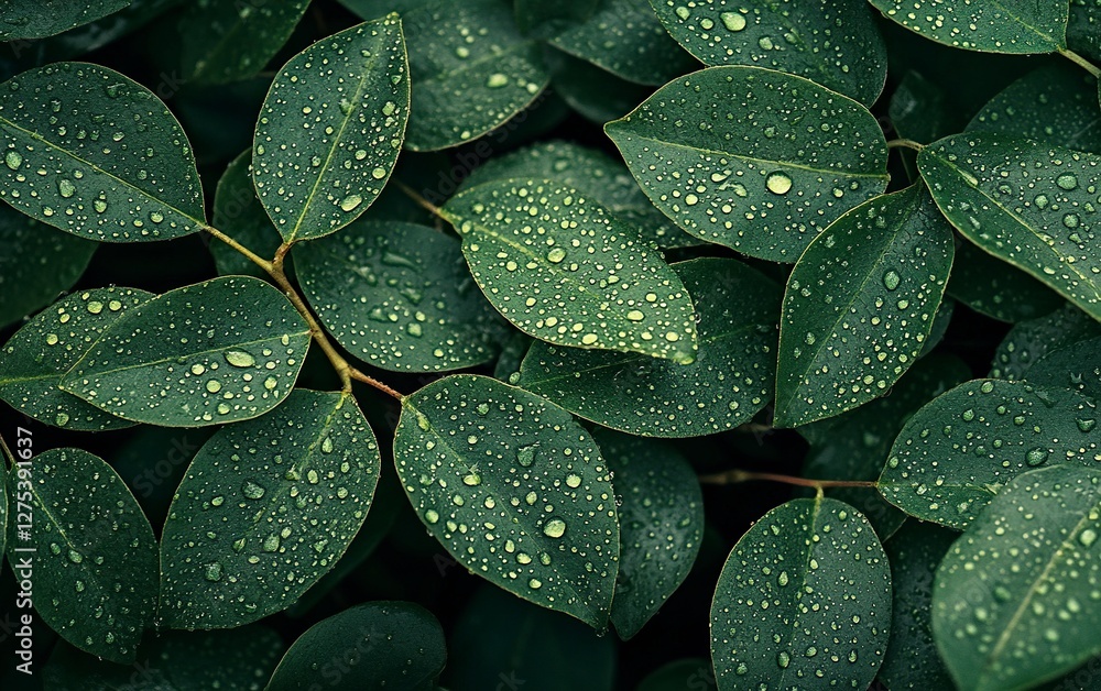Obraz premium Abstract dark green leaves texture background with water drops, close-up view. Nature concept. Flat lay style. Stock photo with 2/3 space for text placement. 