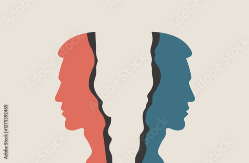 Torn face split personality of human psychology, mental health illustration