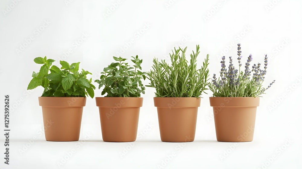Minimalist Potted Herbs in White Studio Setup Minimalist Potted Herbs in White Studio Setup