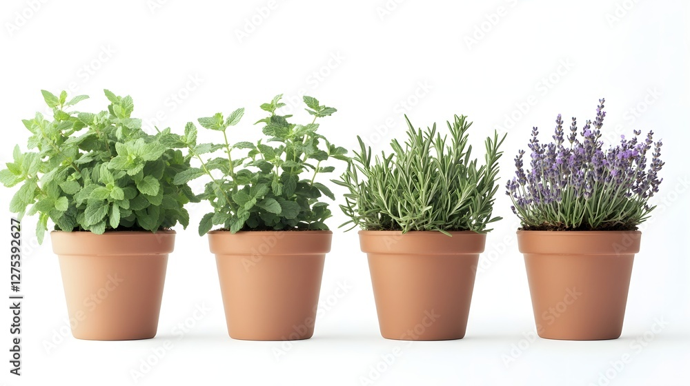 Minimalist Potted Herbs Mint Rosemary Lavender Thyme Displayed on Plain White Background Minimalist Potted Herbs Mint Rosemary Lavender Thyme Displayed on Plain White Background