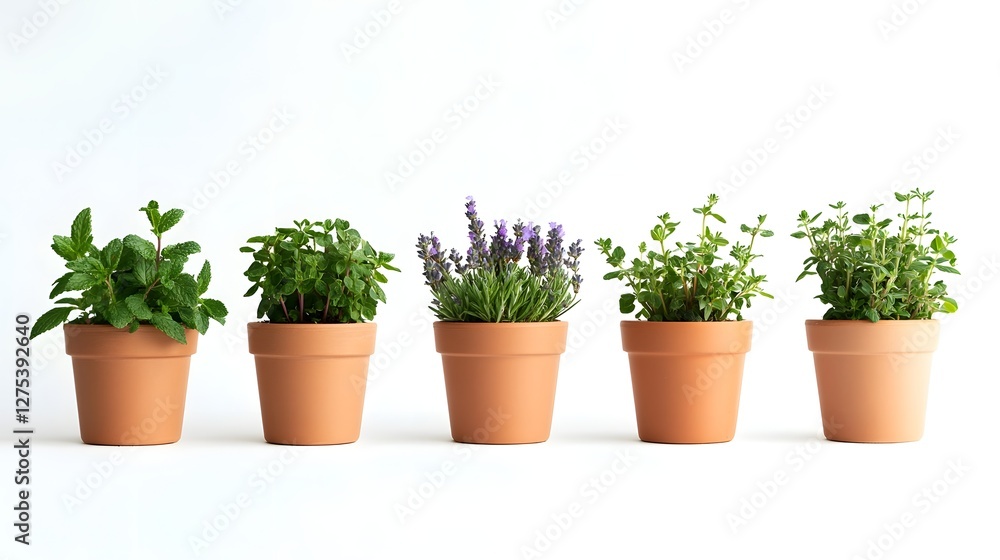 Minimalist Potted Herbs Arrangement Mint Rosemary Lavender Thyme on White Minimalist Potted Herbs Arrangement Mint Rosemary Lavender Thyme on White
