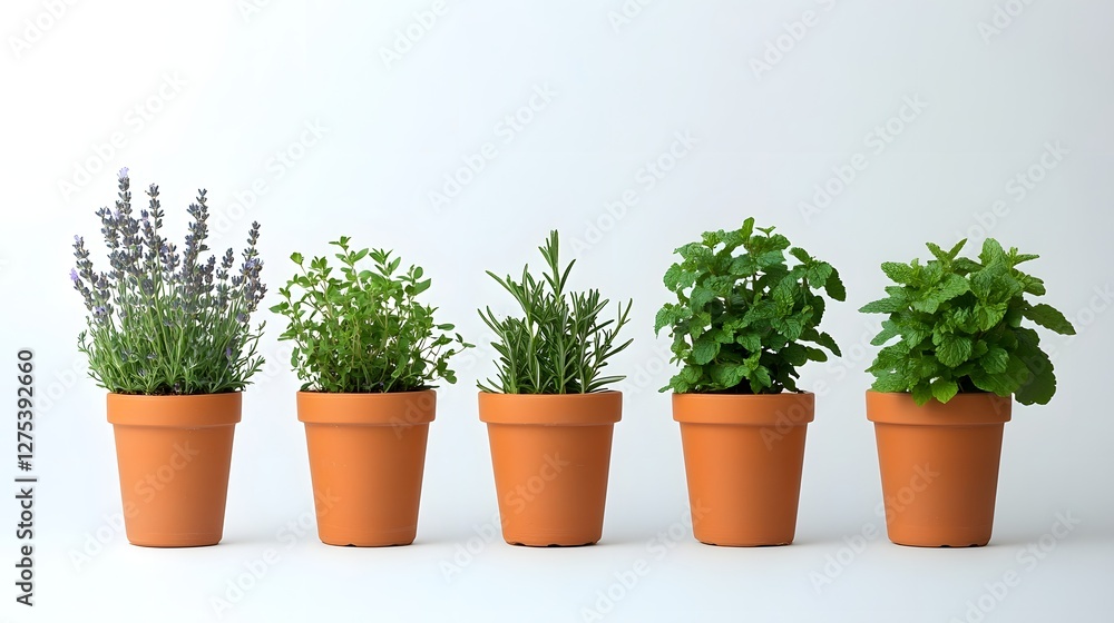 Assortment of Aromatic Potted Herbs on Plain White Background Assortment of Aromatic Potted Herbs on Plain White Background