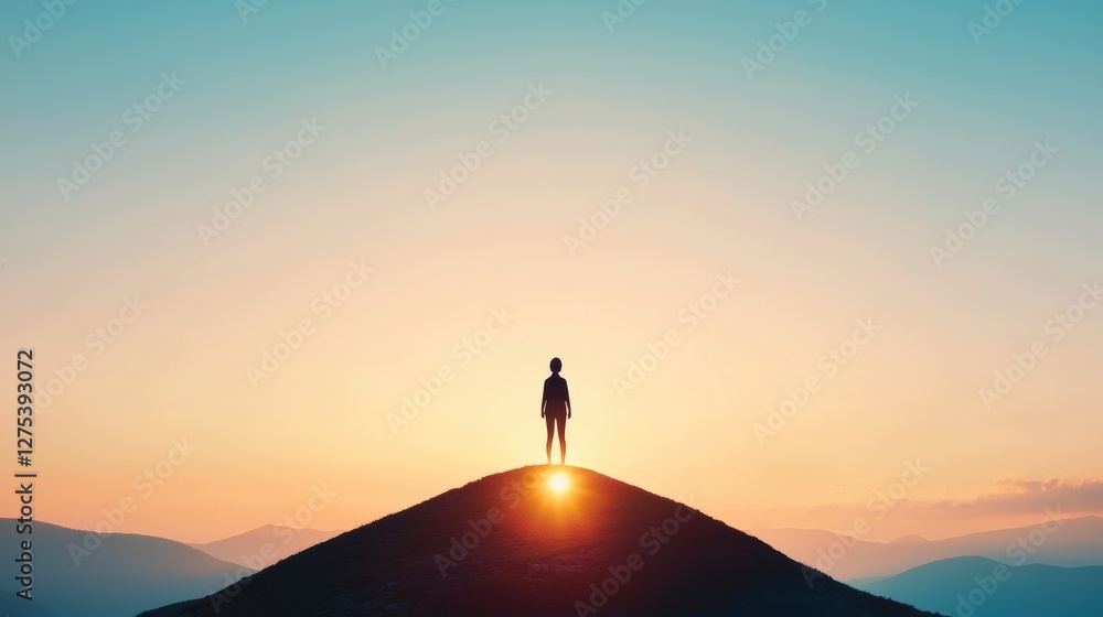 A silhouetted figure standing on a hilltop, their shadow stretching long and thin towards the horizon as the sun sets behind them. A silhouetted figure standing on a hilltop, their shadow stretching long and thin towards the horizon as the sun sets behind them.