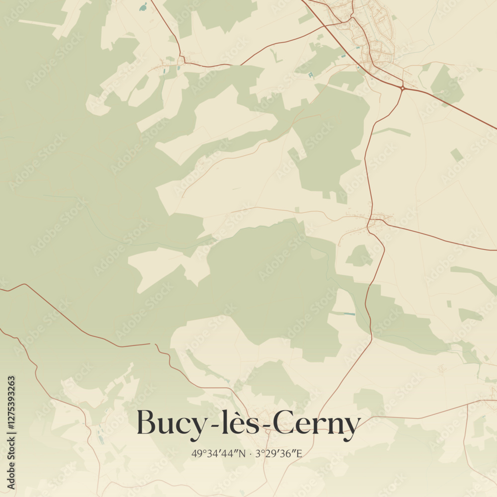 Fototapeta premium Vintage map of Bucy-lès-Cerny, France.