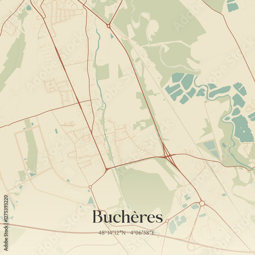 Vintage map of Buchères, France.