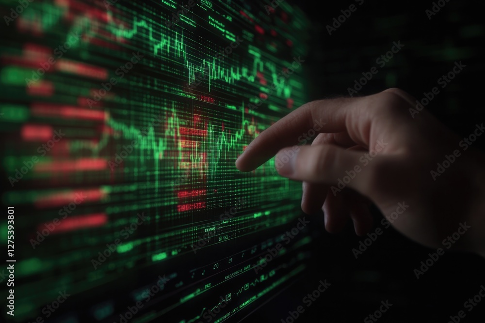 Digital display shows fluctuating stock prices with hand pointin Digital display shows fluctuating stock prices with hand pointin