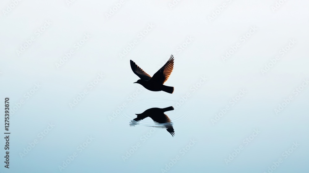 A bird in flight casting a fleeting shadow on a calm lake surface, creating a momentary ripple of darkness against the bright water. A bird in flight casting a fleeting shadow on a calm lake surface, creating a momentary ripple of darkness against the bright water.