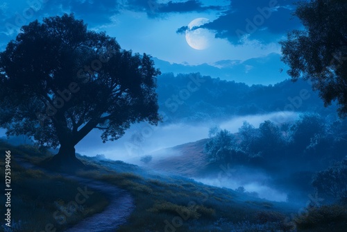 Quadro em tela A mystical moonlit path winds through a foggy forest landscape, creating a serene and enchanting nocturnal scene