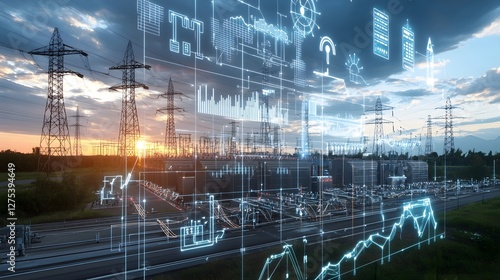 Digital conceptual visualization of an AI powered smart grid energy hub that manages diverse power sources in real time to enhance efficiency and sustainability enabling the of renewable energy