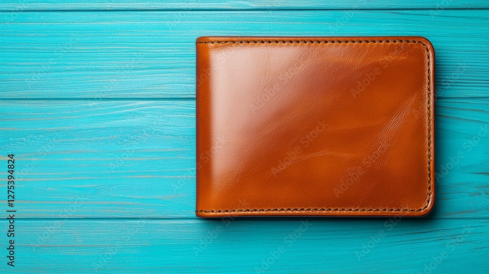 A sleek, brown leather wallet rests on a bright blue wooden surface, showcasing its polished finish and classic design. A sleek, brown leather wallet rests on a bright blue wooden surface, showcasing its polished finish and classic design.