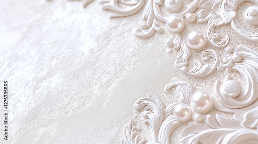 A luxurious close-up of delicate pearl embellishments with intricate baroque swirls on a textured ivory background. Ideal for wedding invitations, luxury branding, and sophisticated decor. A luxurious close-up of delicate pearl embellishments with intricate baroque swirls on a textured ivory background. Ideal for wedding invitations, luxury branding, and sophisticated decor.