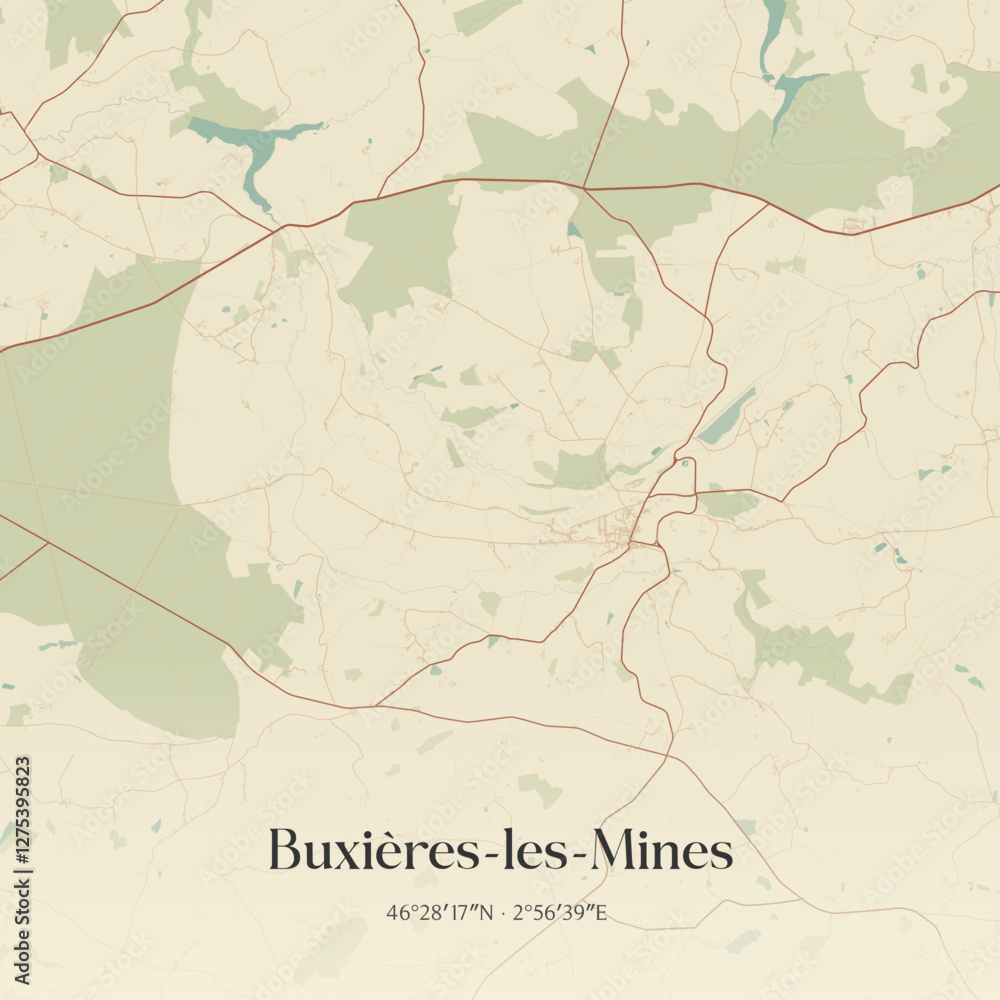 Fototapeta premium Vintage map of Buxières-les-Mines, France.