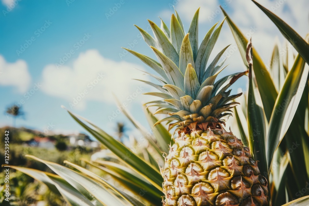 Fresh pineapple fruit growing in plantation field in farm. Pineapples. Tropical fruit grows in the orchard landscape at sunset time. Ananas comosus plant. Farming and industrial agriculture concept. Fresh pineapple fruit growing in plantation field in farm. Pineapples. Tropical fruit grows in the orchard landscape at sunset time. Ananas comosus plant. Farming and industrial agriculture concept.