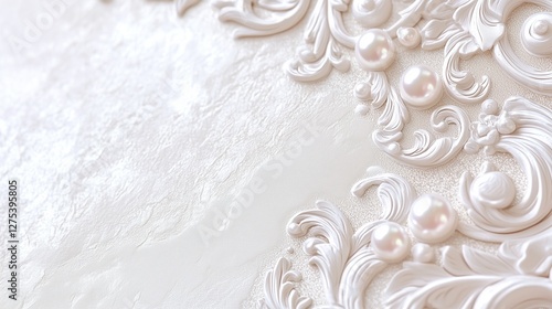 A luxurious close-up of delicate pearl embellishments with intricate baroque swirls on a textured ivory background. Ideal for wedding invitations, luxury branding, and sophisticated decor.