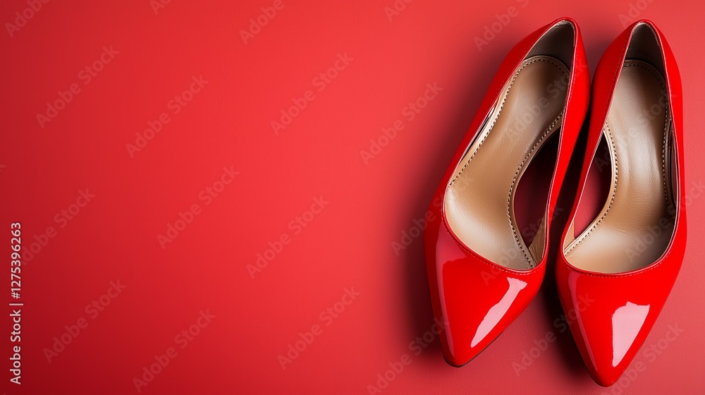 Elegant red high heels set against a bright red background, showcasing their glossy finish and stylish design. Elegant red high heels set against a bright red background, showcasing their glossy finish and stylish design.