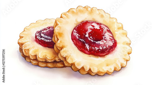 Watercolor Illustration of a Classic Cherry Pie with a Buttery Crust and Red Filling photo