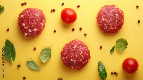 Fresh raw meatballs surrounded by herbs and cherry tomatoes on a vibrant yellow background