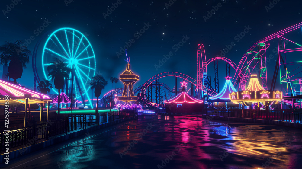 Obraz premium A nighttime carnival, with the Ferris wheel and roller coasters glowing in magical, animated neon outlines, creating a vibrant, whimsical atmosphere full of excitement and color.