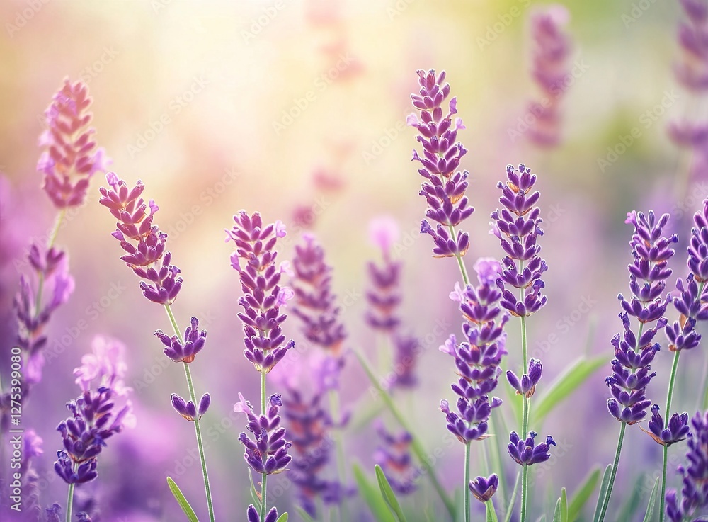 Obraz premium Beautiful lavender flower field background, soft focus, dreamy light, purple color, blurred background, natural beauty, summer nature, summer landscape, summer scene, sunny day, lavender meadow,