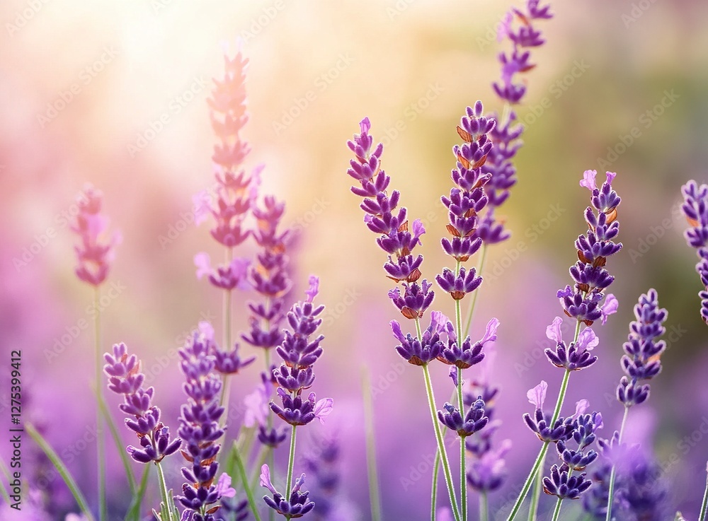 Fototapeta premium Beautiful lavender flower field background, soft focus, dreamy light, purple color, blurred background, natural beauty, summer nature, summer landscape, summer scene, sunny day, lavender meadow,