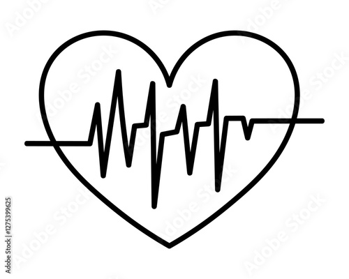 Heart with rhythmic pulse. Sketch. Cardiology. Vector illustration. Artery pulsation assessment. Outline on isolated background. Doodle style. Coloring for children. Vital biological process. 
