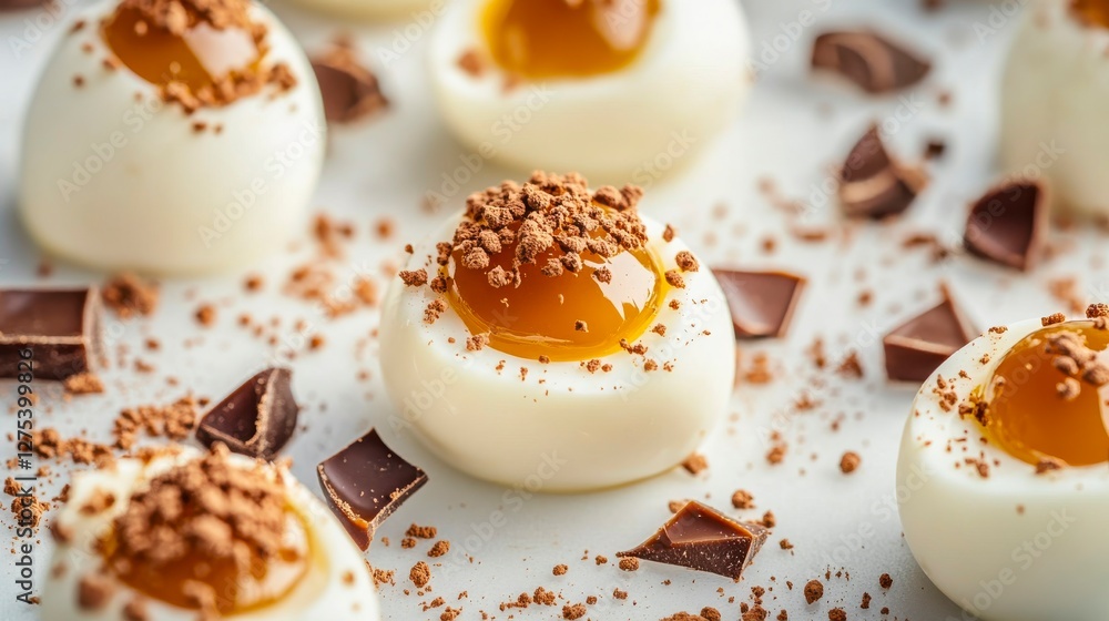 Delicate Egg White Desserts with Caramel Filling and Chocolate Sprinkles create a Gourmet Culinary Experience. Delicate Egg White Desserts with Caramel Filling and Chocolate Sprinkles create a Gourmet Culinary Experience.