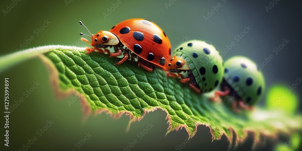 Fototapeta premium Ladybugs crawl on a green leaf. Macro. Generative AI 