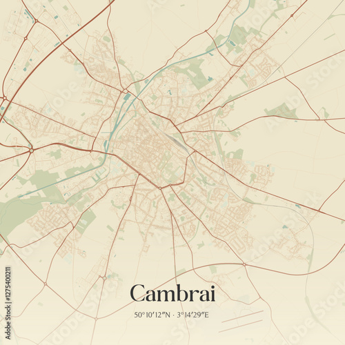 Vintage map of Cambrai, France.