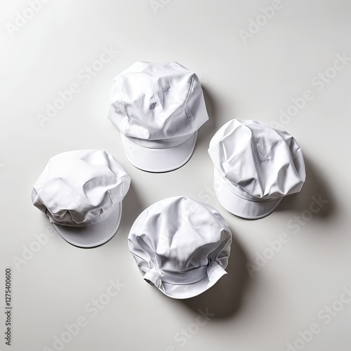 Four White Chef Hats on White Background