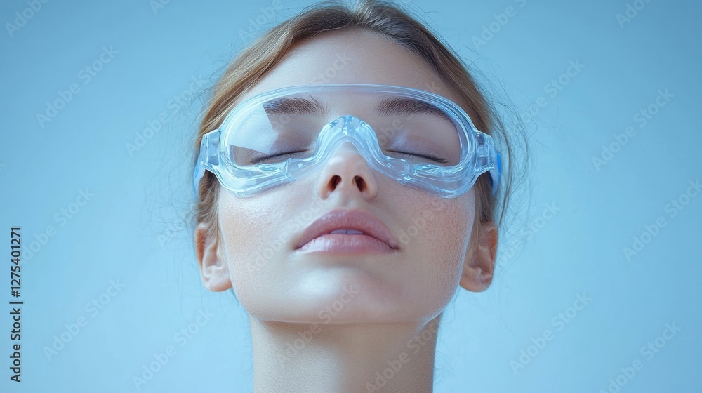 Serene woman wearing protective goggles against a blue backdrop Serene woman wearing protective goggles against a blue backdrop