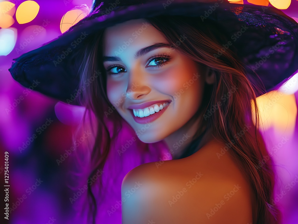 Smiling witch, night party, colorful lights Smiling witch, night party, colorful lights