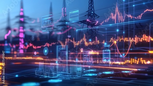 A highly detailed futuristic smart grid system displaying an interconnected energy network with AI driven analytics digital power distribution