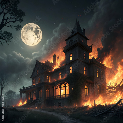 A fantasy manor engulfed in flames, breathtaking, large, nighttime, full moon