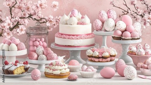 A table full of pastries and cakes with pink and white colors.