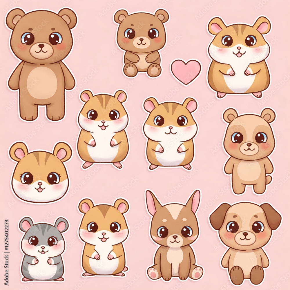 Fototapeta premium Adorable kawaii-style animal illustrations, featuring bears, hamsters, rabbits, and pandas with a soft pastel background. Perfect for stickers, planners, and digital designs.