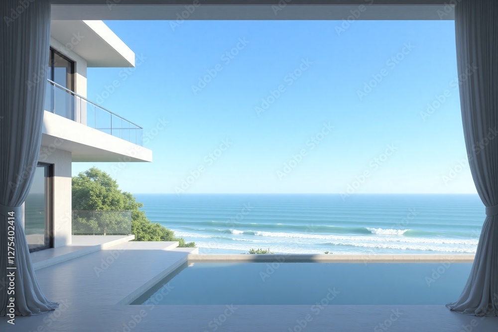 Fototapeta premium Modern house overlooking ocean two story white exterior pool