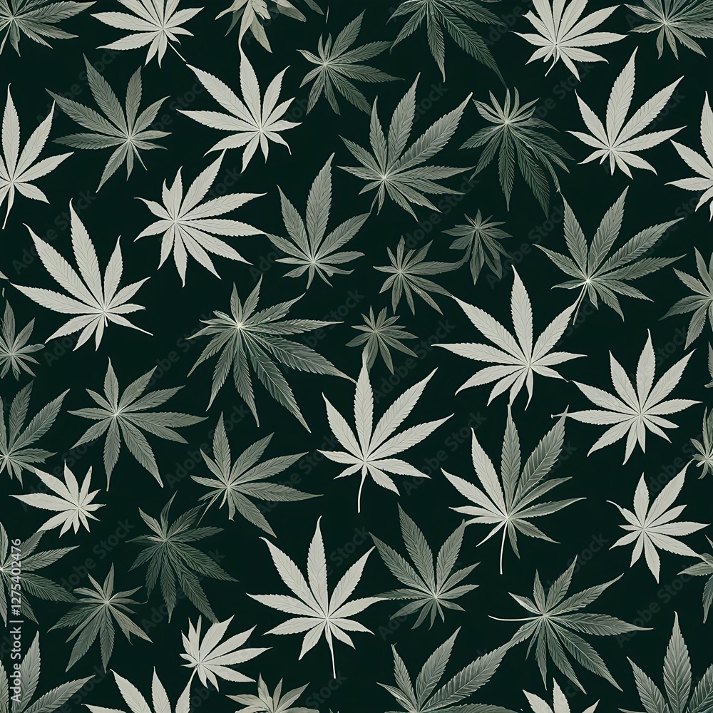 Cannabis Leaf Pattern, Dark Green Background Cannabis Leaf Pattern, Dark Green Background